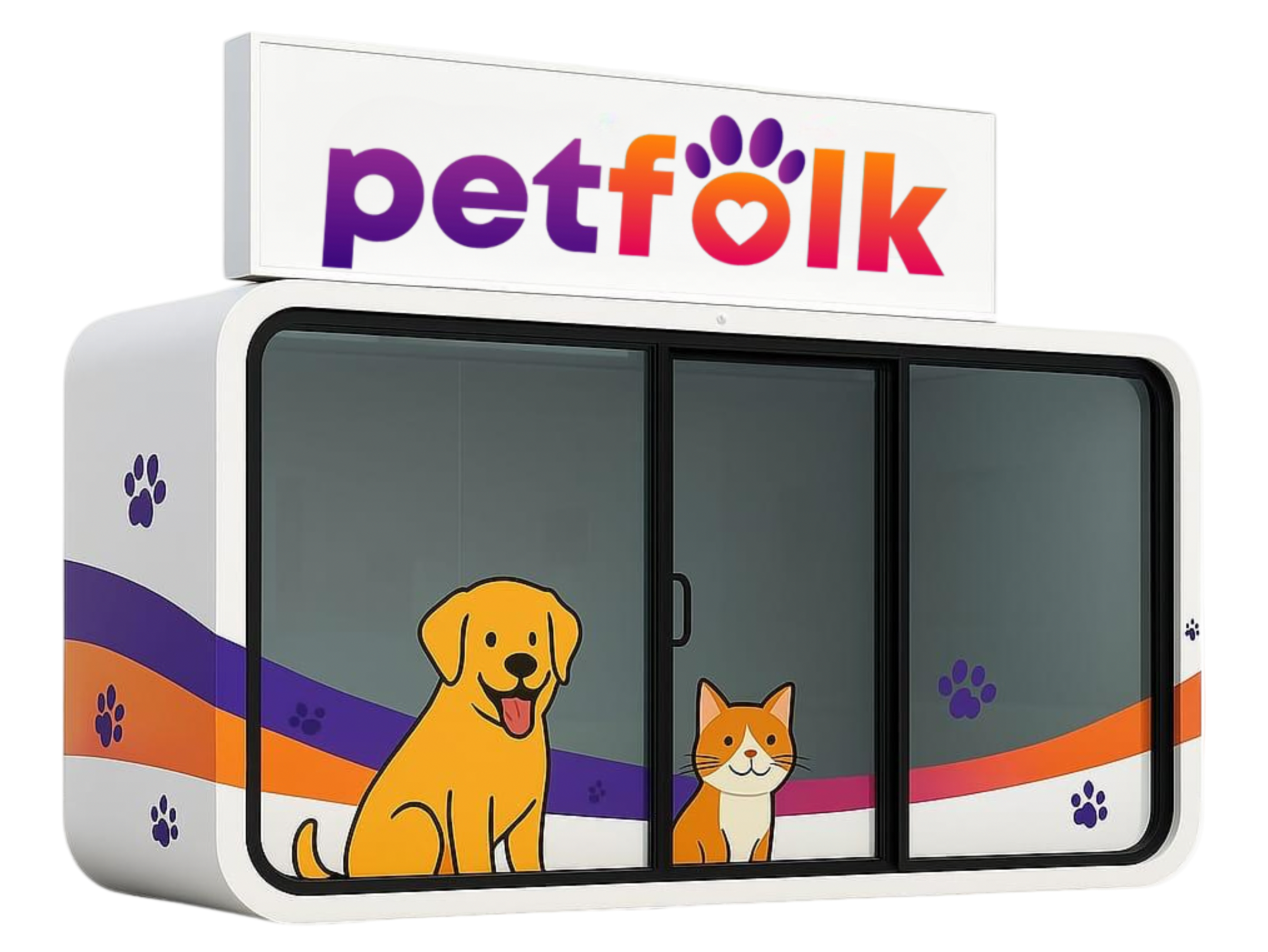 Pet grooming pod with 'petfolk' branding and illustrations of a dog and cat on a white background.
