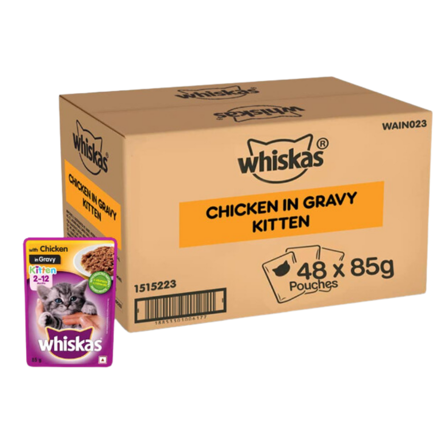 Whiskas Kitten (2-12 months) Mix Selection in Gravy, Wet Cat Food - Tuna in Jelly, 85g + Chicken in Gravy, 85g (pack of 48 Pouch)