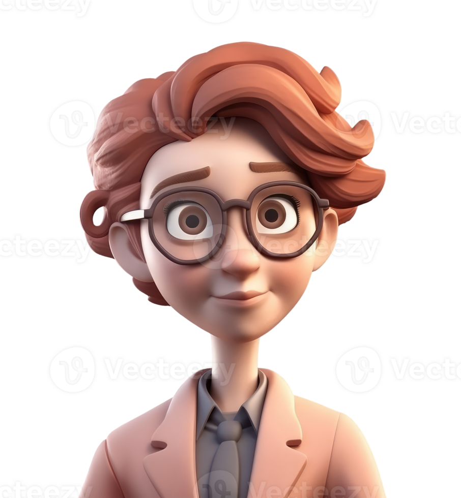 A 3D animation or rendering of a young girl with large, exaggerated features. She has curly red hair, large glasses, and a slightly bewildered expression on her face. She is wearing a tan coat over a shirt and tie, giving her a scholarly or bookish appearance. The style is reminiscent of animated films or video games featuring cartoony, stylized character designs.