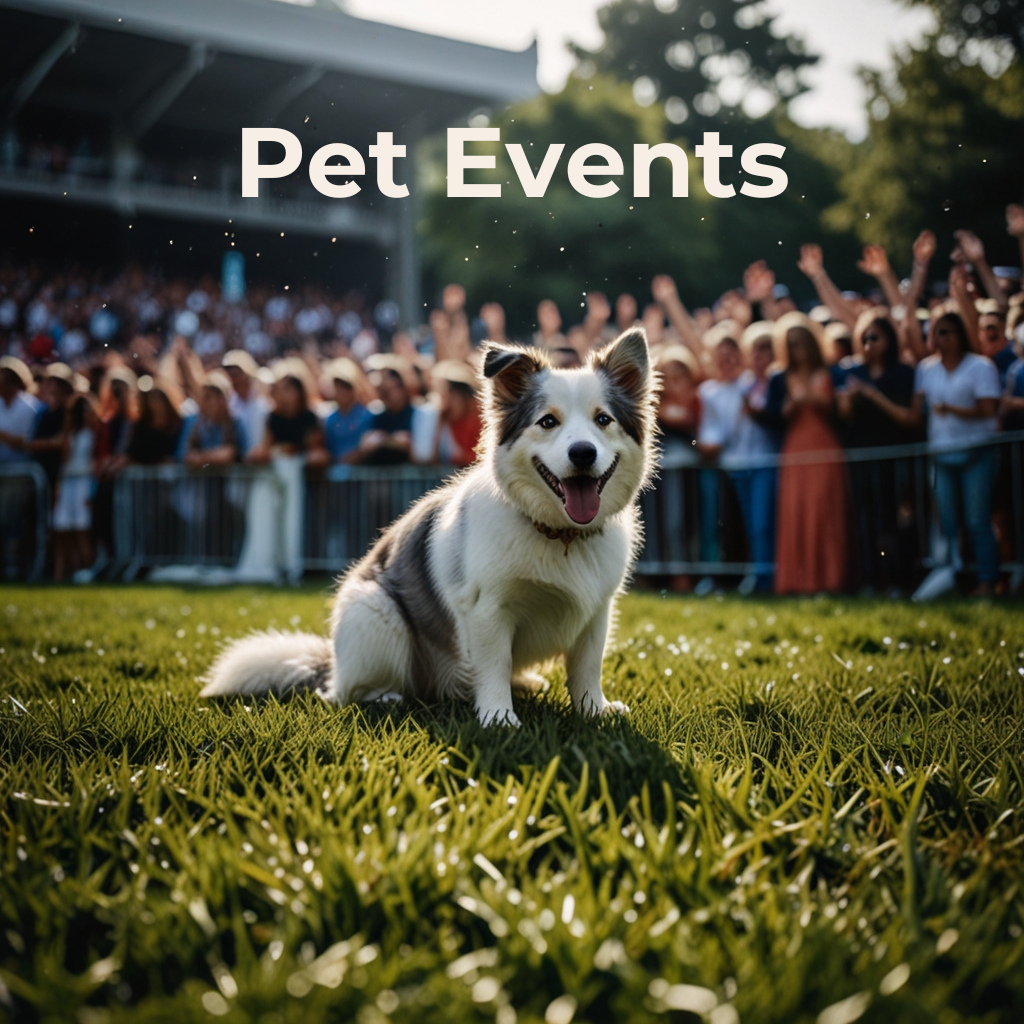 A happy dog sitting on green grass with a crowd of people in the background, promoting pet events.