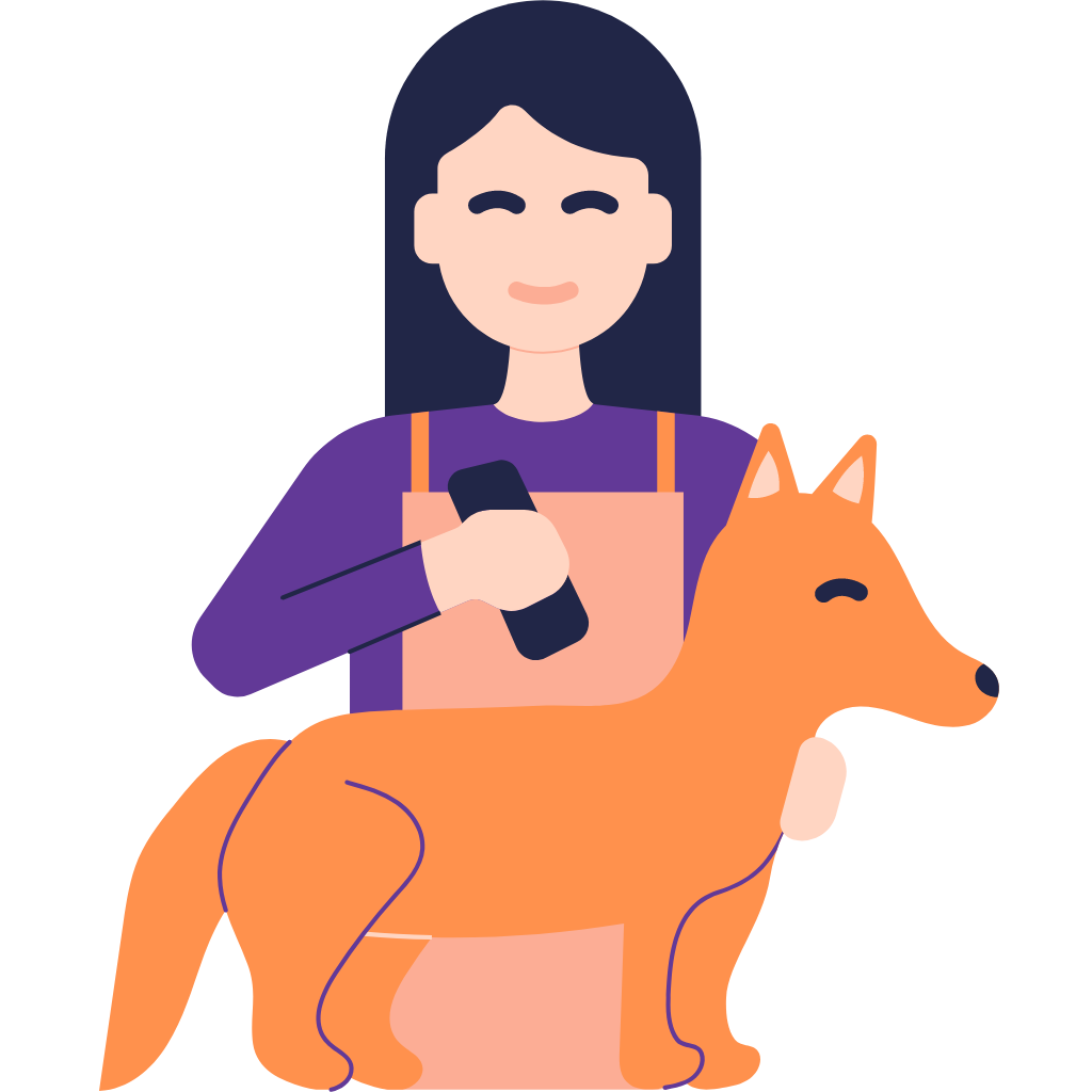 An illustration of a person wearing purple clothing trimming the hair of an orange dog.