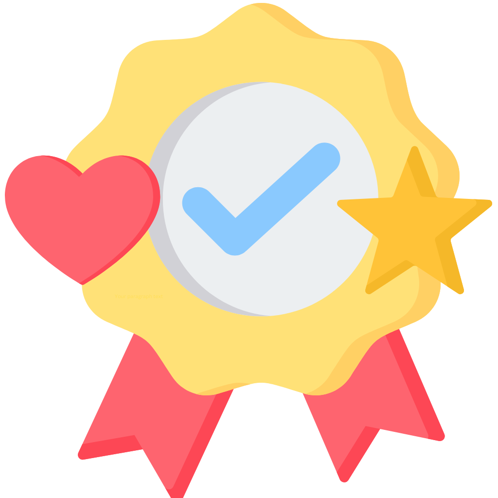 A gold badge icon featuring a red heart, a blue check mark, and a yellow star, representing appreciation, validation, and recognition.