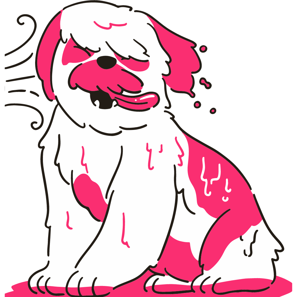 A cartoon illustration of a white dog with pink spots getting groomed.