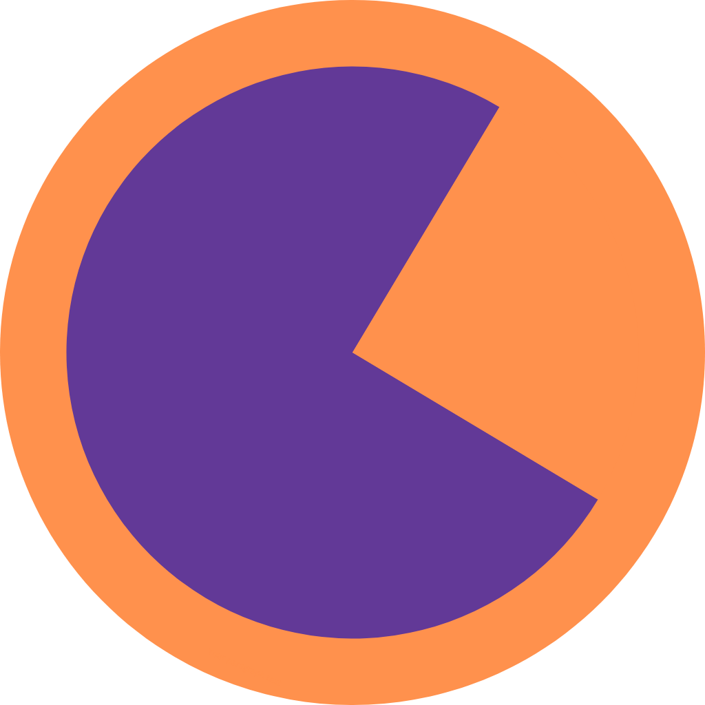 Orange circle with a large purple pie slice or segment, representing a data chart or statistics.