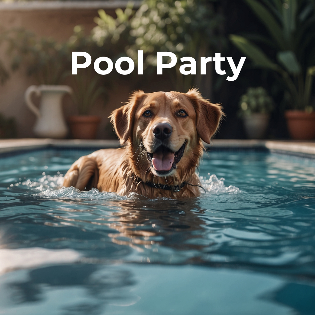 A smiling dog enjoying a swim in a pool, illustrating a fun pool party event for pets.