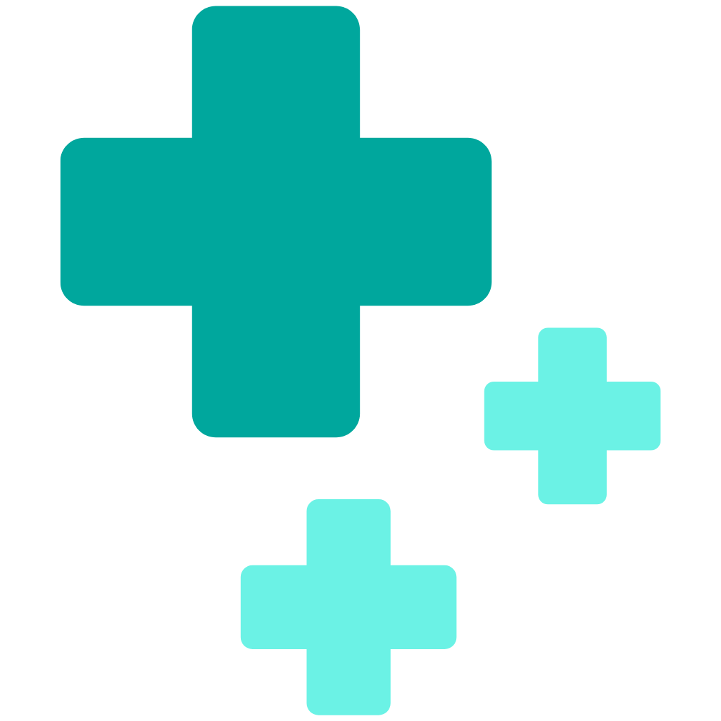 Three green cross symbols representing medical or health services, with one large cross and two smaller crosses beneath it.