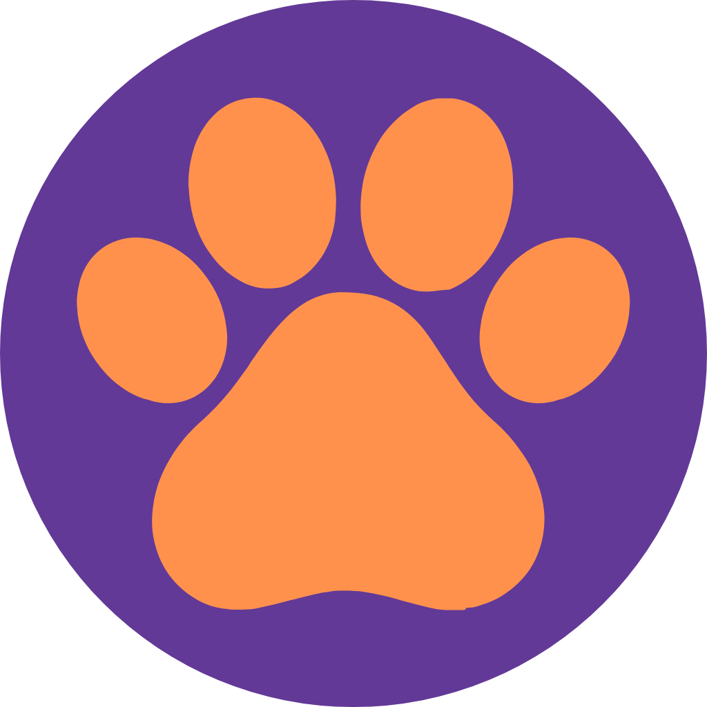 Orange paw print icon on a purple circle background.