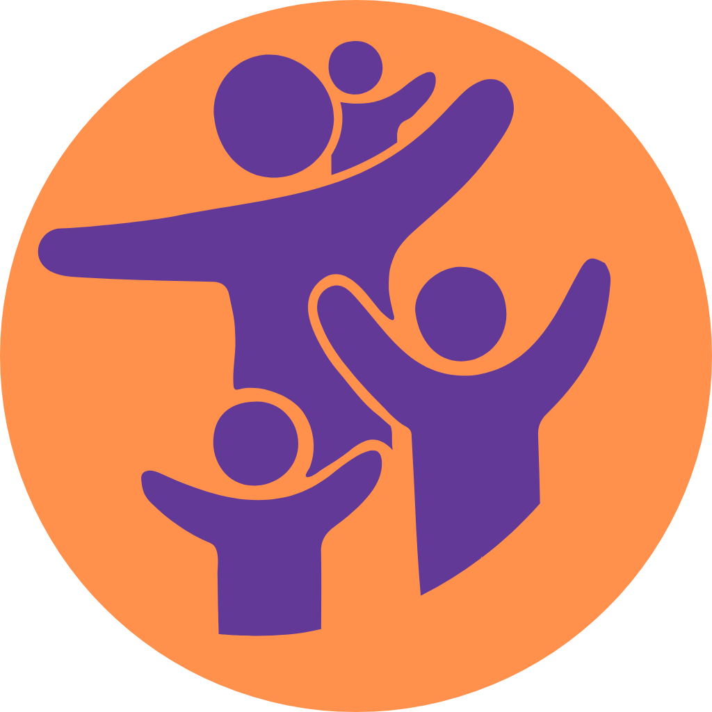 Orange circle icon depicting a family or group of people consisting of a larger purple figure and two smaller purple figures, symbolizing parenting, caregiving, or community support.