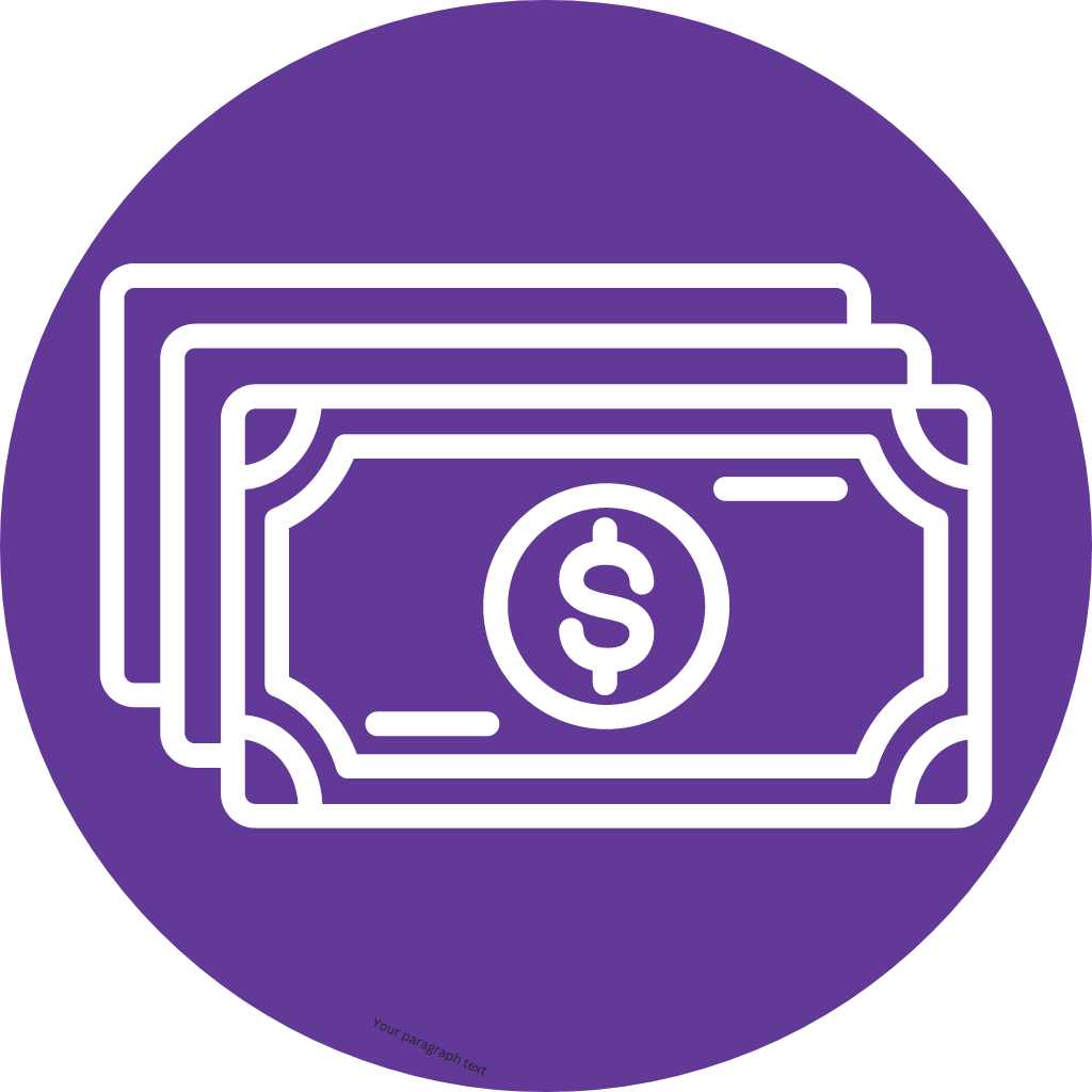 Stylized illustration of stacks of cash or dollar bills in a circle on a purple background.