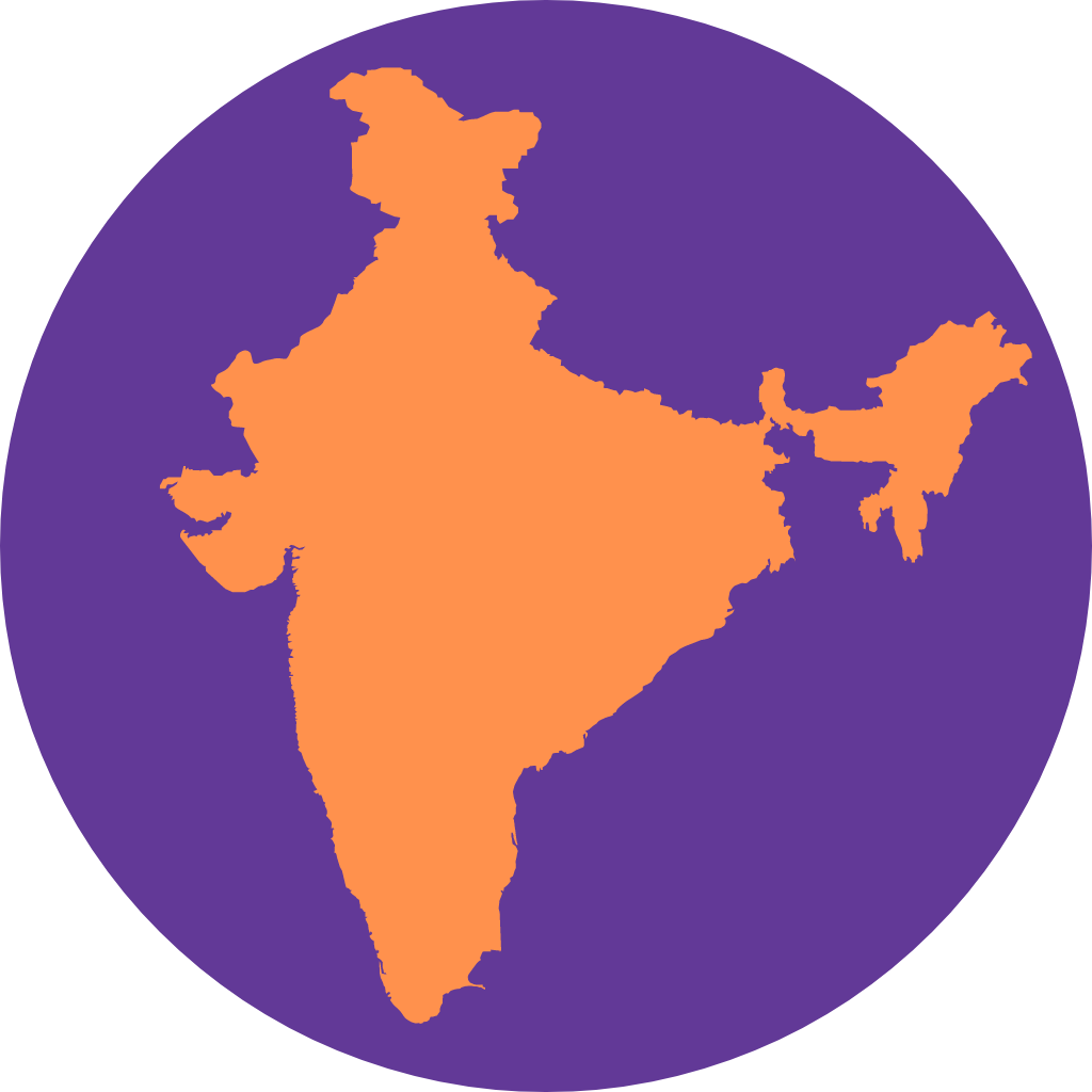 Orange outline of the geographical shape of India on a purple circular background.