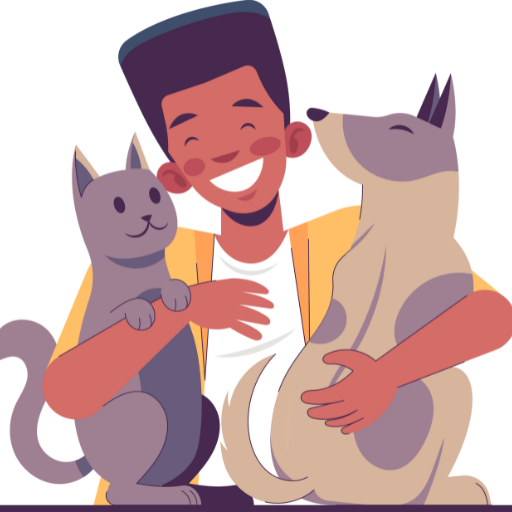 Cartoon illustration of a smiling person with short dark hair hugging a gray cat and a brown dog, showcasing a joyful moment of bonding with pets.