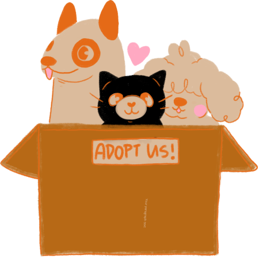 Illustration of three cute animals in a cardboard box with the sign "Adopt Us!" The animals include an orange and white dog, a black cat, and a beige poodle, with pink hearts floating above their heads. The image promotes pet adoption.