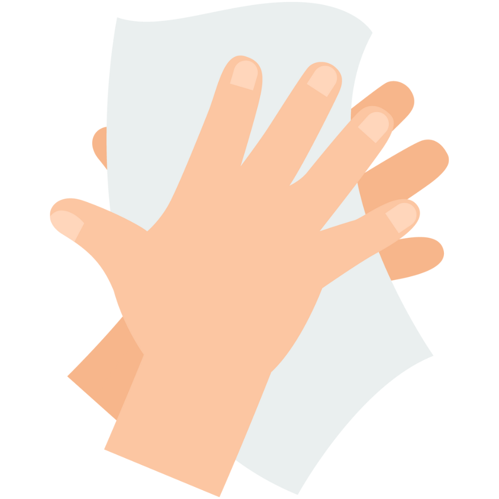 An illustration showing a hand wearing a disposable glove, rendered in peach tones against a light blue background, suggesting dry cleaning or laundry service concepts.