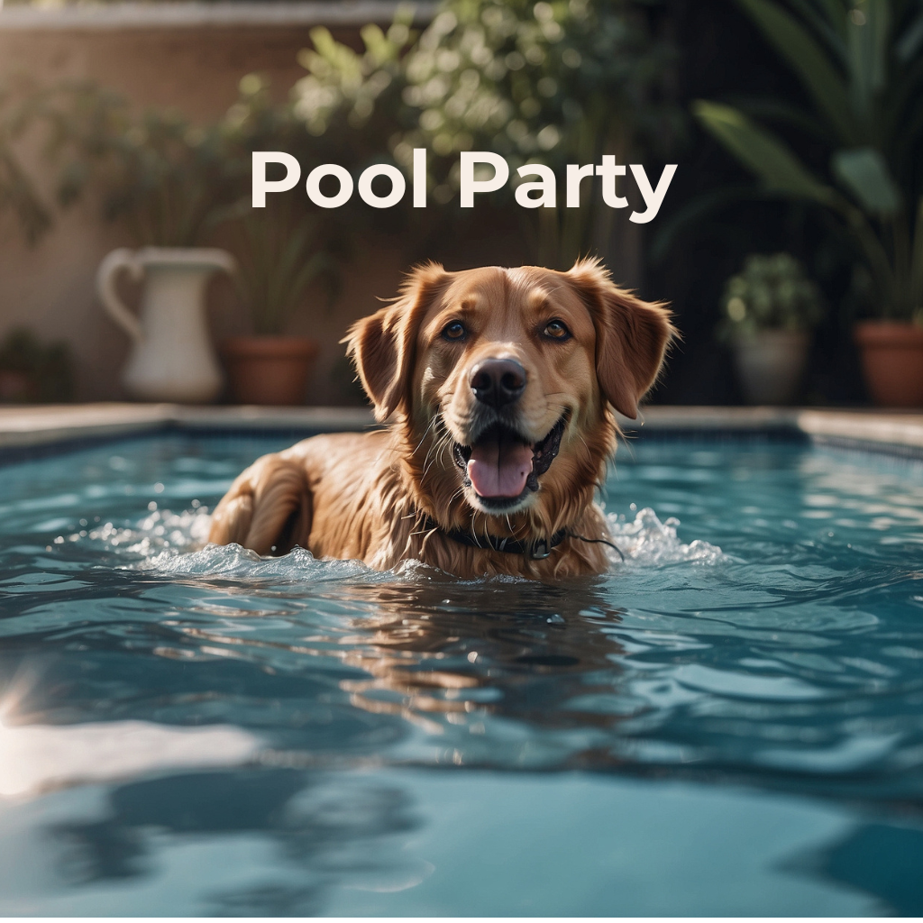 A smiling dog enjoying a swim in a pool, illustrating a fun pool party event for pets.