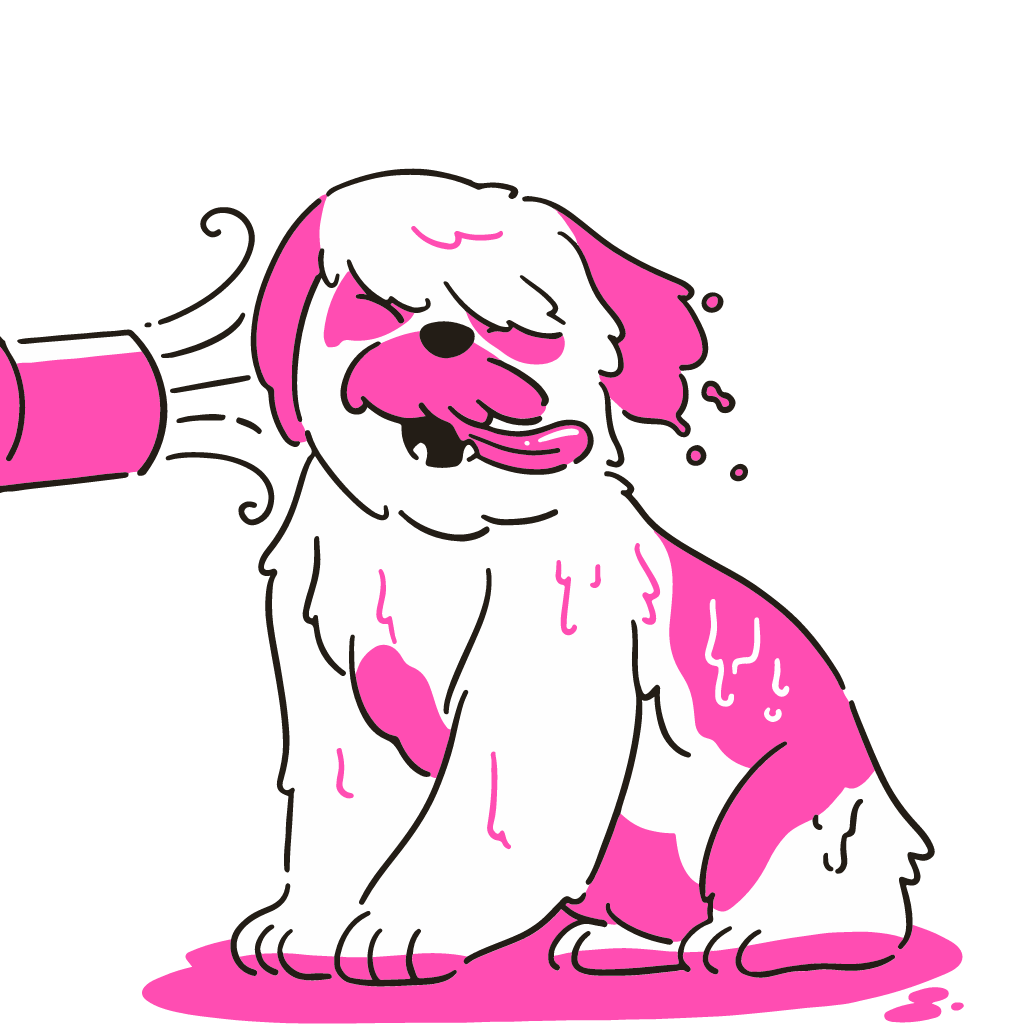 A cartoon illustration of a white dog with pink spots getting groomed.