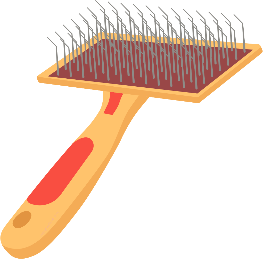  A vector graphic of a wide, rectangular pet grooming brush or comb with a wooden handle and densely packed metal bristles or tines in an orange and maroon color scheme.