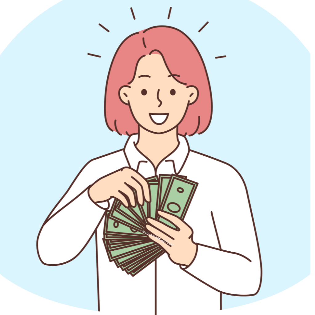 An illustration of a person with red hair enthusiastically holding a bundle of cash or banknotes, suggesting themes like financial success, earning money, or receiving payment.