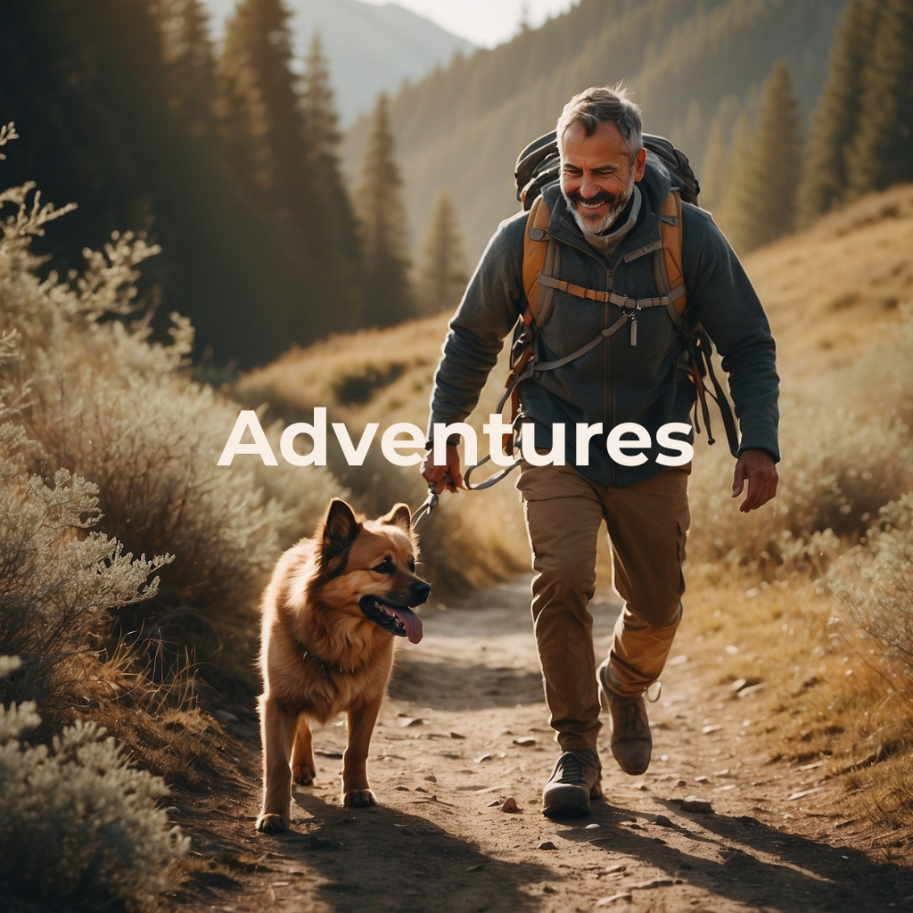An older man hiking with his German Shepherd on a mountain trail, highlighting outdoor adventures with pets.