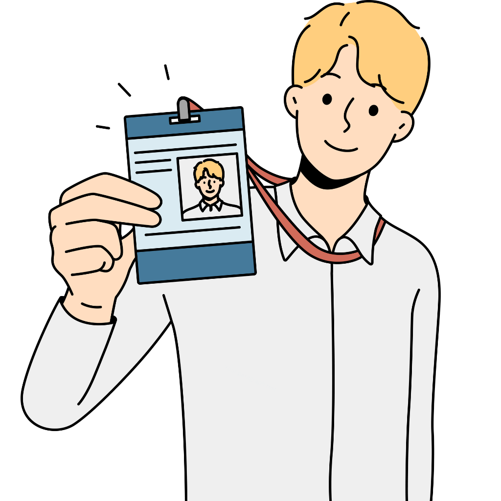 An illustration of a smiling person holding up a digital device displaying a profile picture, representing concepts like identity verification, user profiles, or personal identification.