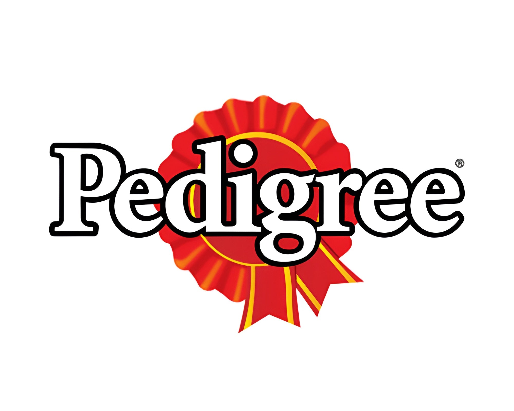 Pedigree pet food logo featuring the brand name with a red ribbon rosette design element.