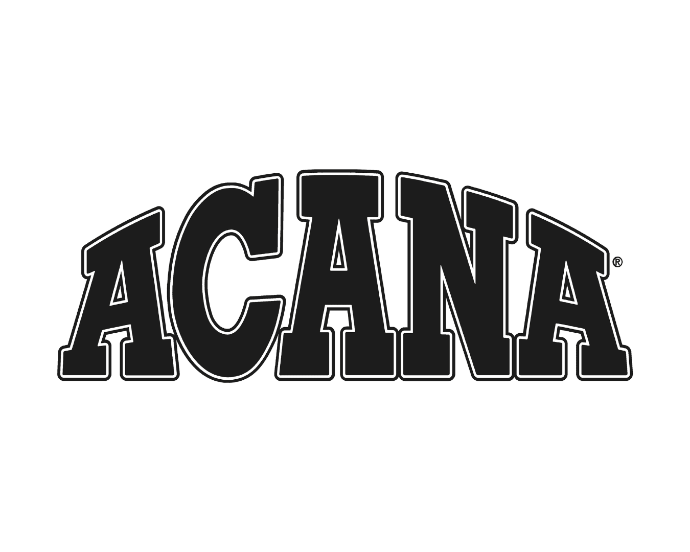 ACANA pet food logo featuring the brand name in bold black text with stylized lettering.