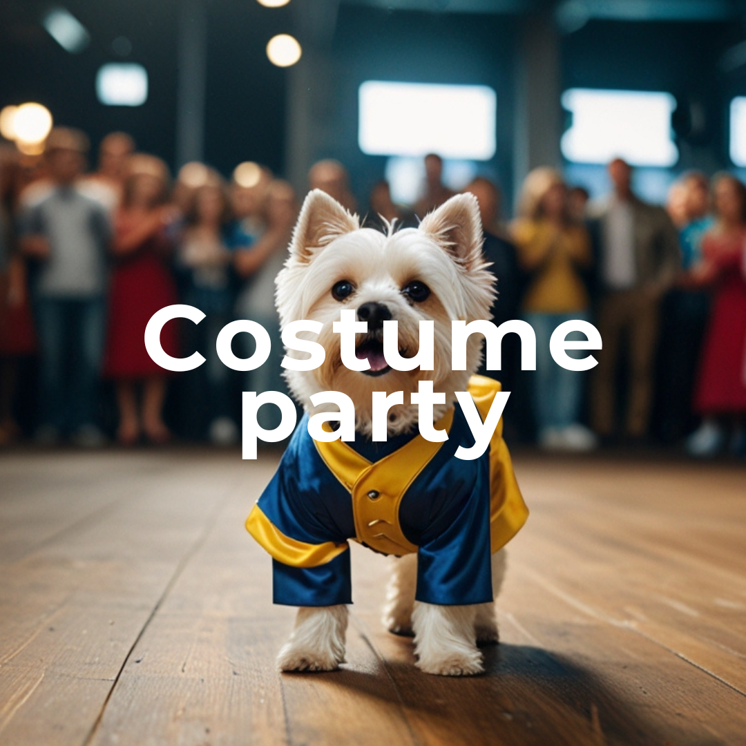 A small dog dressed in a superhero costume, likely portraying a character like Wolverine or another X-Men member, at what appears to be a costume party or event with people in the background. The text overlay reads "Costume party".