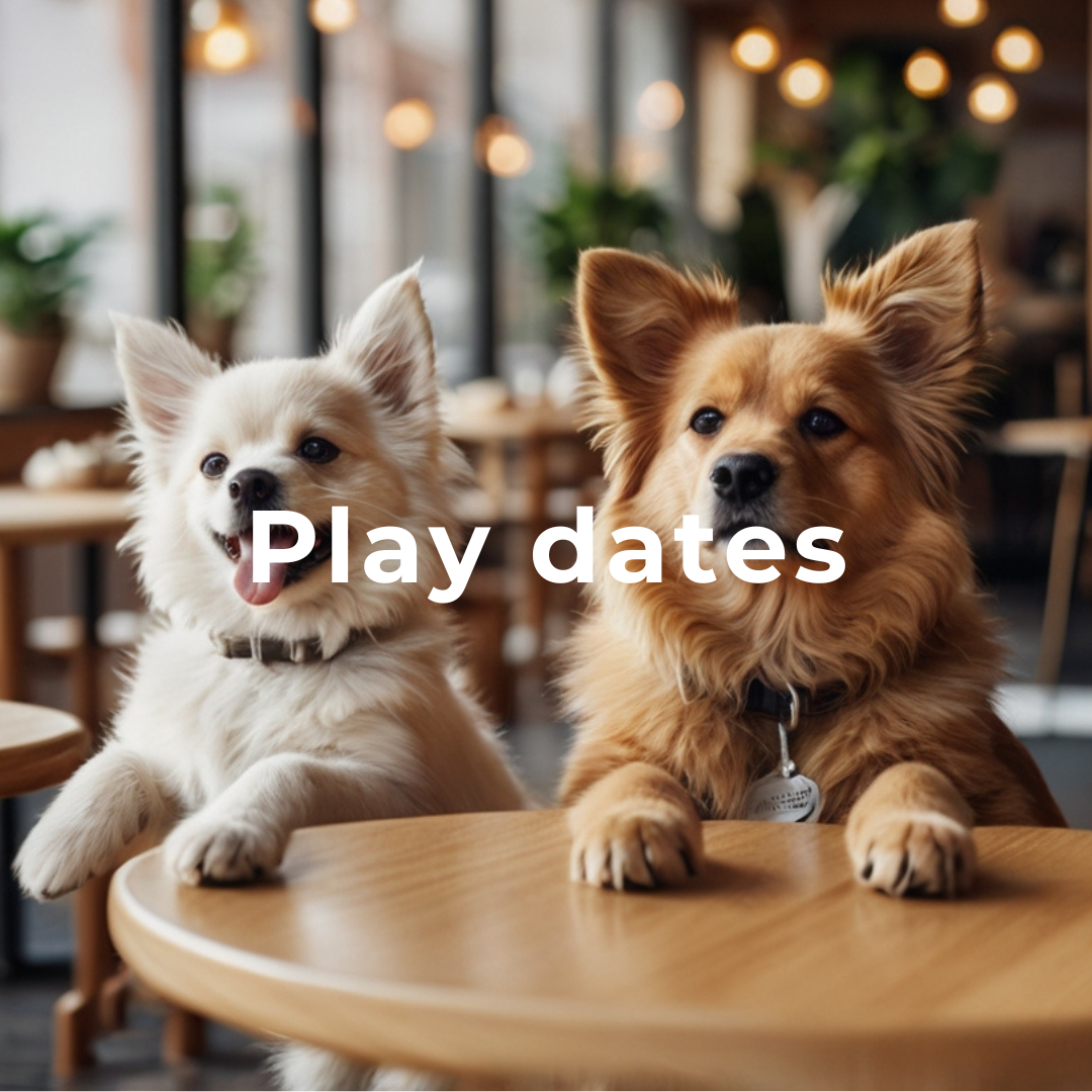 Two adorable Pomeranian or similar small breed dogs sitting together on a wooden table or bench in what looks like a cafe or restaurant setting with warm lighting. The text overlay reads "Play dates", suggesting the two furry companions are out on a playful outing or "doggy date".