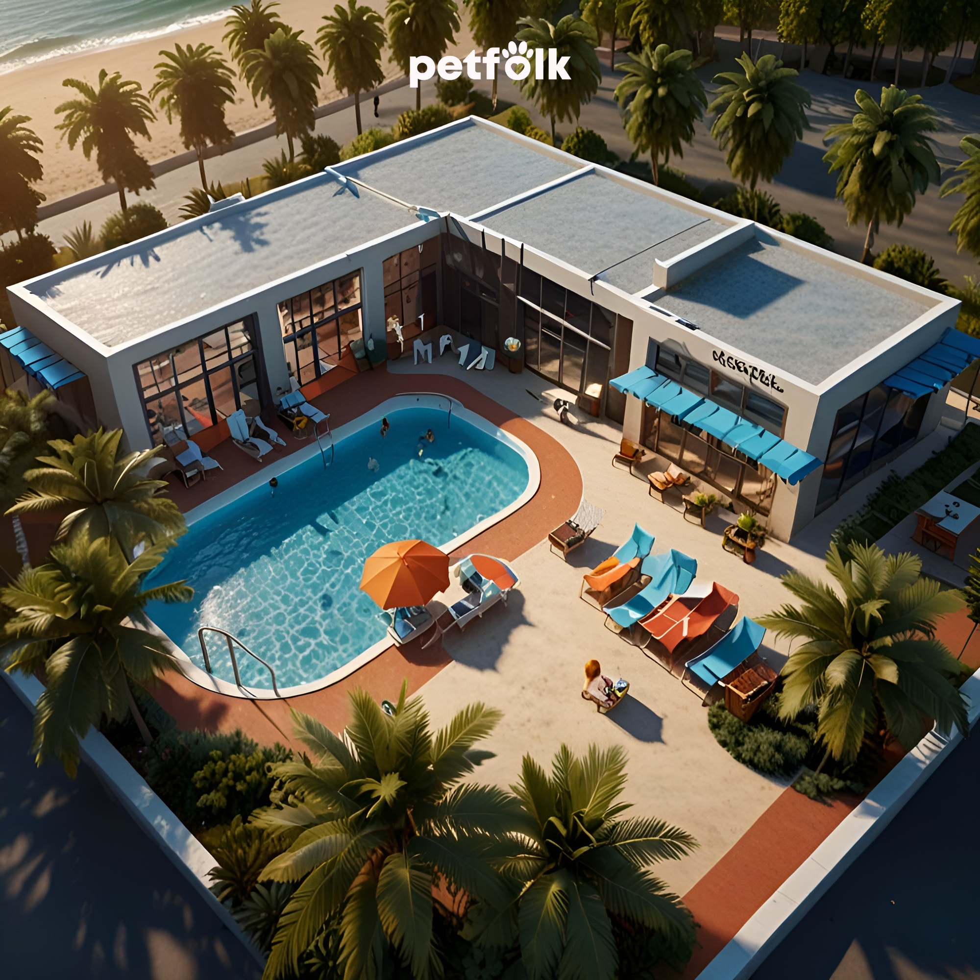 Aerial view of a modern pet resort named Petfolk located by the beach. The resort features a large swimming pool with lounge chairs and umbrellas around it, surrounded by palm trees. The building has large glass windows and blue awnings, creating a relaxing and luxurious environment for pets. The beach and ocean are visible in the background, enhancing the tropical ambiance.