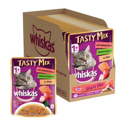 Whiskas Tasty Mix With Seafood Cocktail and Wakame Seaweed In Gravy (Pouch) Pack Of 24