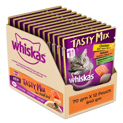 Whiskas Tasty Mix Chicken With Salmon Wakame Seaweed In Gravy 70 G (Pack Of 12) - Ecom Pack