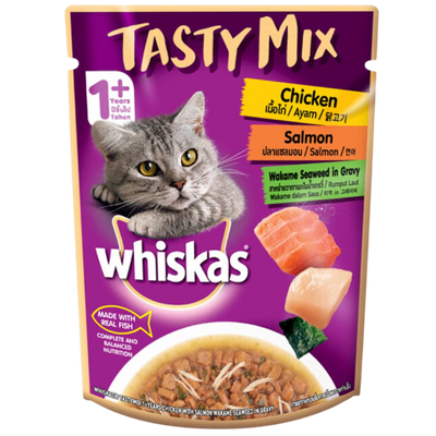 Whiskas Tasty Mix Chicken With Salmon Wakame Seaweed In Gravy 70 G (Pack Of 12) - Ecom Pack