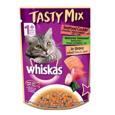 Whiskas Tasty Mix With Seafood Cocktail & Wakame Seaweed In Gravy 70 G (Pack Of 12) - Ecom Pack