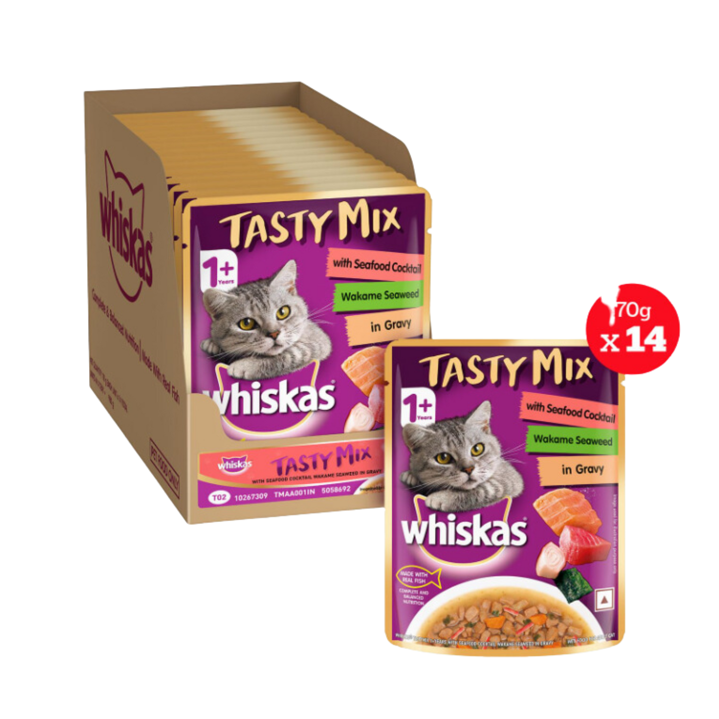 Whiskas Tasty Mix With Seafood Cocktail and Wakame Seaweed In Gravy (Pouch)
